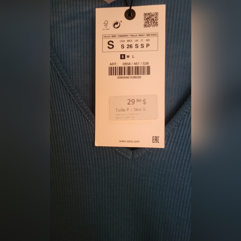 NWT. Zara Teal V-Neck Long Sleeve Top. Size S. - Picture 5 of 6